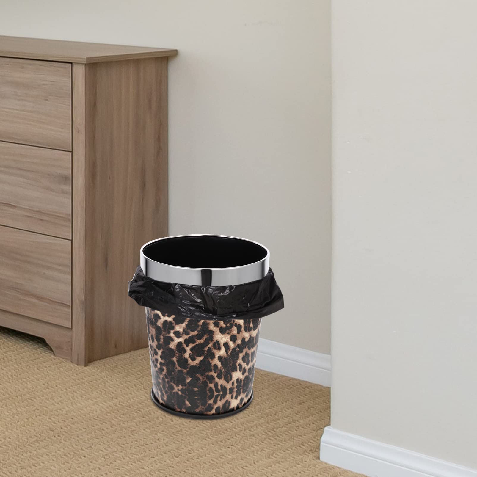 Operitacx Open Trash Can Leopard Pattern Garbage Basket Round Garbage Bin Vintage Paper Waste Container Trash Container for Home Office Living Room 5L