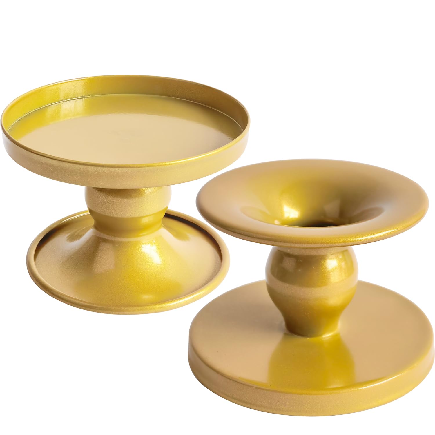 Photo 1 of Table Gold Candle Holders – Set of 2 | Reversible Metal Candle Stand for Pillar & Taper Candles | Stylish Tabletop Candle Tray for Home Décor, Weddings & Special Occasions (Gold)