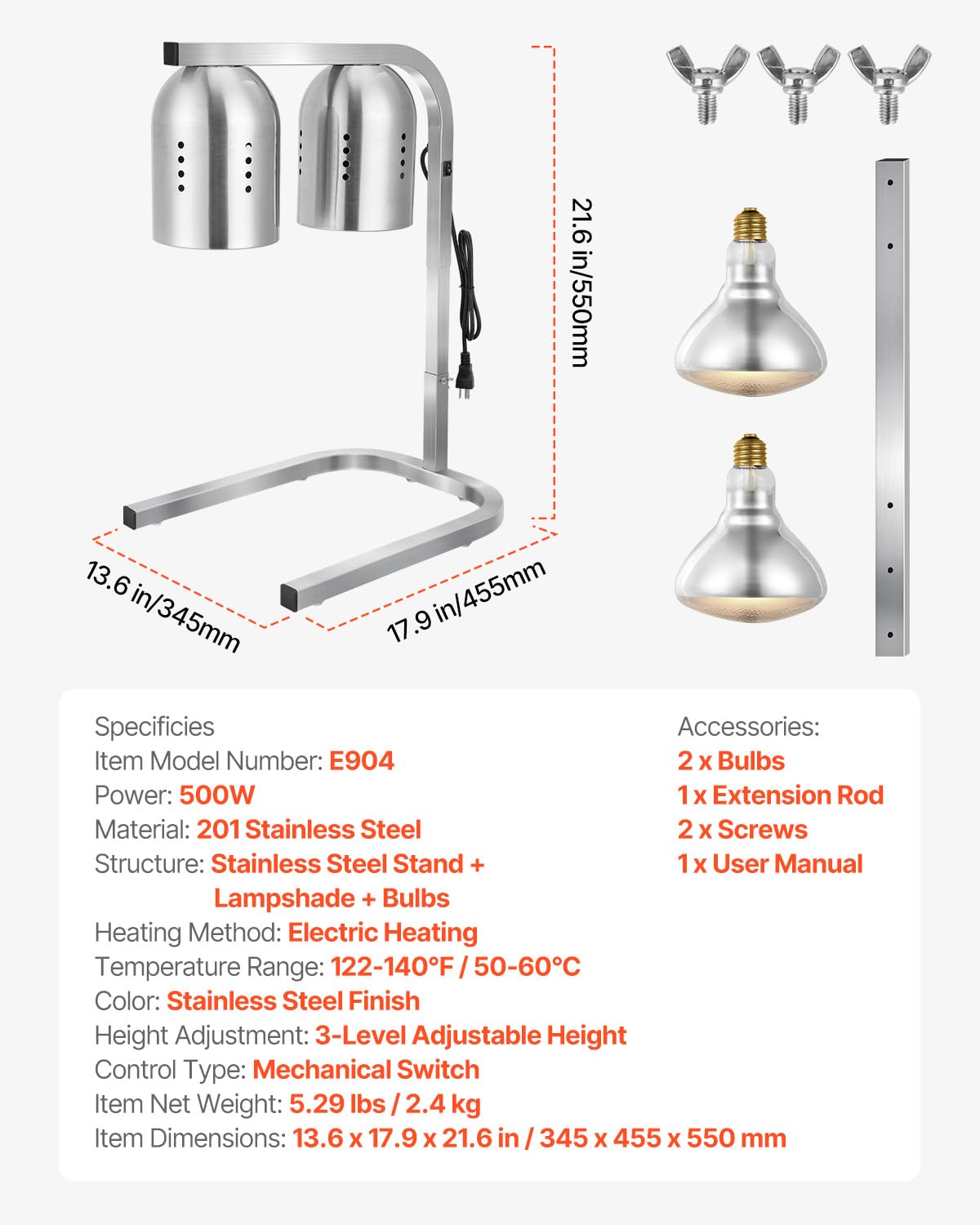 VEVOR Food Heat Lamp, 500W Bulbs, Commercial Food Warmer Light, Electric Stainless Steel French Fry Heating Lamp, Free-Standing, Catering Food Warming Equipment for Kitchen Buffet Restaurant, Silver