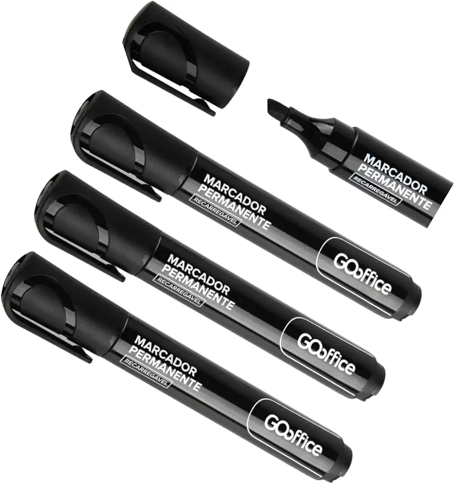 Go Office Marcador Permanente Preto Ponta Chanfrada 5mm Recarregável Pack com 4 Unidades Para Uso Profissional em Papel Papelão, MDF, EVA, Madeira e Vidro, Canetão, Pincel Marcador