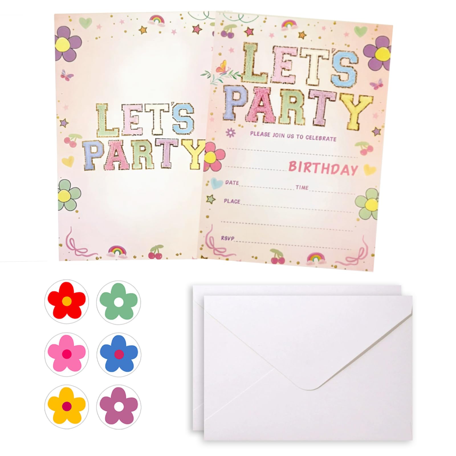 IHCEMIH Party Invitations Kids Birthday Cards 24 Pack with Envelopes Stickers Fill-in Invites Girls Boys Let's Party Flower Design Children's Birthday Celebration Supplies โ image 1