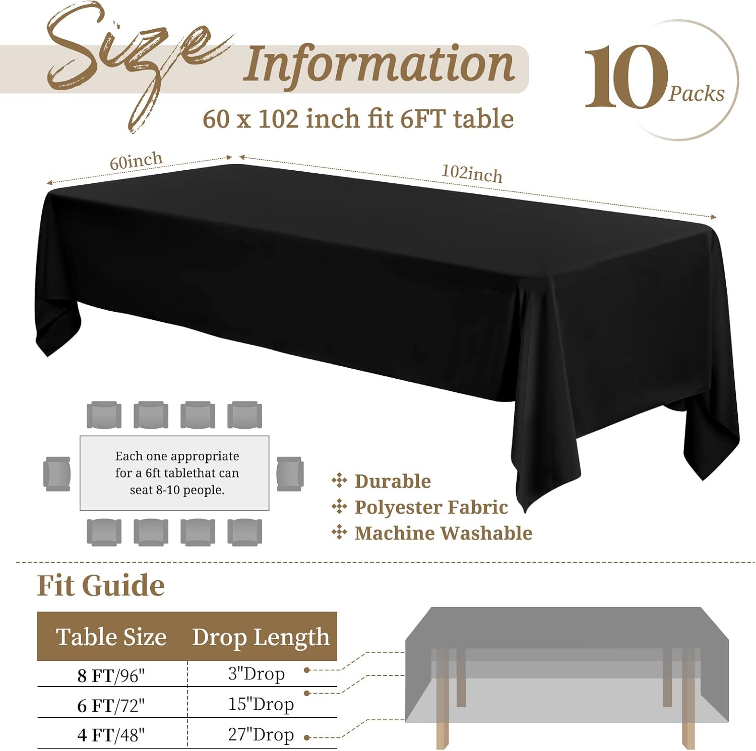 10 Pack Table Cloth Black Tablecloth 60 x 102 Inch, Rectangle Table Cloth for 6 Foot Table, Wrinkle Resistant Washable Polyester Table Cover for Wedding Dining Table Buffet Parties and Camping