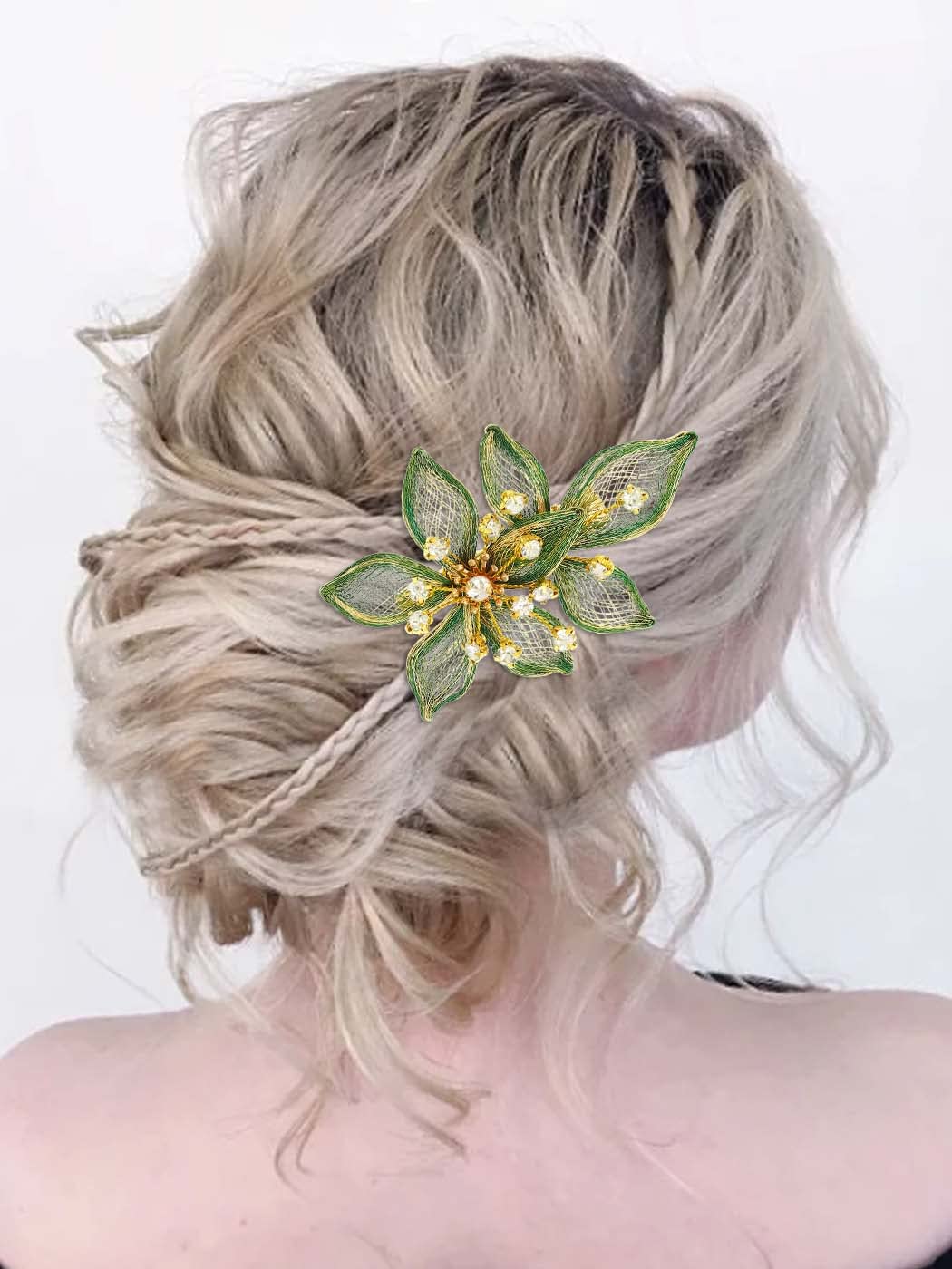 Casdre Flower Bridal Hair Clip Rhinestone Bride Wedding Hair Piece Crystal Hair Barratte Evening Party Hair Accessories for Women and Girls(B Green)