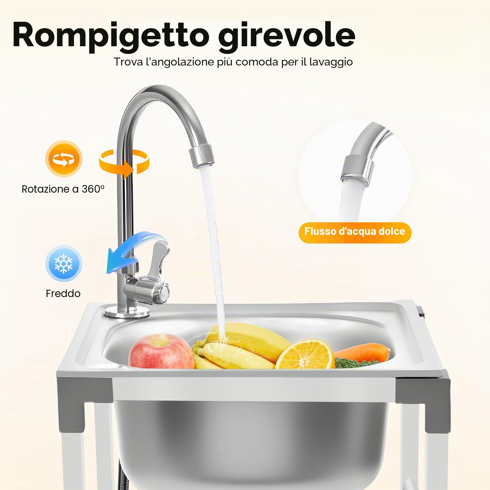 Lavabo Indipendente in Acciaio Inox, Lavello Per Cucina con Rubinetto Dell'acqua Fredda e Cestello Filtro, Lavello Da Esterno con Scarico, Massima 60 kg (38 x 33 x 83 cm)