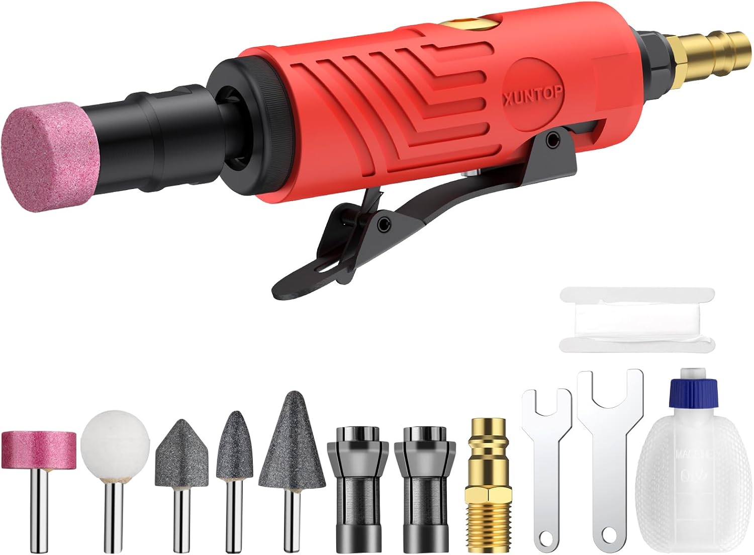 XUNTOP Pneumatic Straight Sander Compressed Air Rod Sander Set 25000 rpm with Empty Oil Bottle and 1/4 Inch 1/8 Inch Collets for Polishing Edging and Deburring