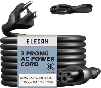 Mickey Mouse Replacement Laptop Power Cord 15 Ft, Seamless 5-15P to IEC 320 C5 3-Prong Universal AC Printer Cable for PC Notebook Charger Dell HP LG TV Monitor, 18AWG 125V, ETL+ Organizer