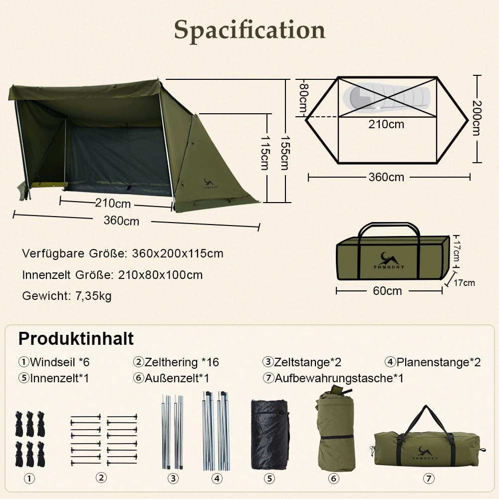 TOMOUNT Minilite Tente d'Intérieur en Coton avec Trou de Poêle pour 1 Personne - 4 Ans, pour Camping, Randonnée, Trekking
