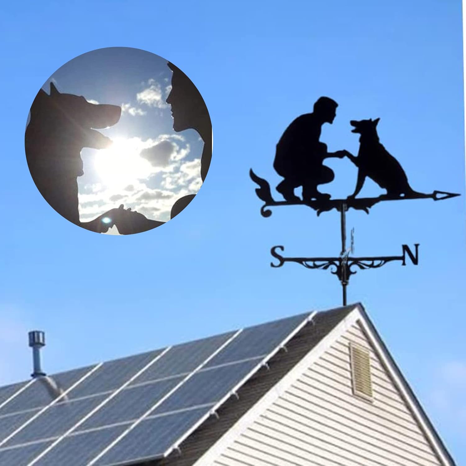 Weathervane Garden Wind Vane Man and Dog Weathervane with Roof Mount Rod Wind Direction Outdoor Metal Bracket Weather Vane Garden Decorative Wind Vane