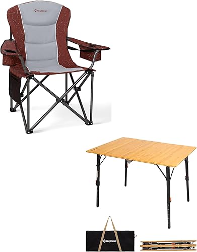 KingCamp Silla plegable de gran tamaño, resistente 450 libras con mesa plegable de bambú, mesa de camping portátil de 4 pliegues con altura visual