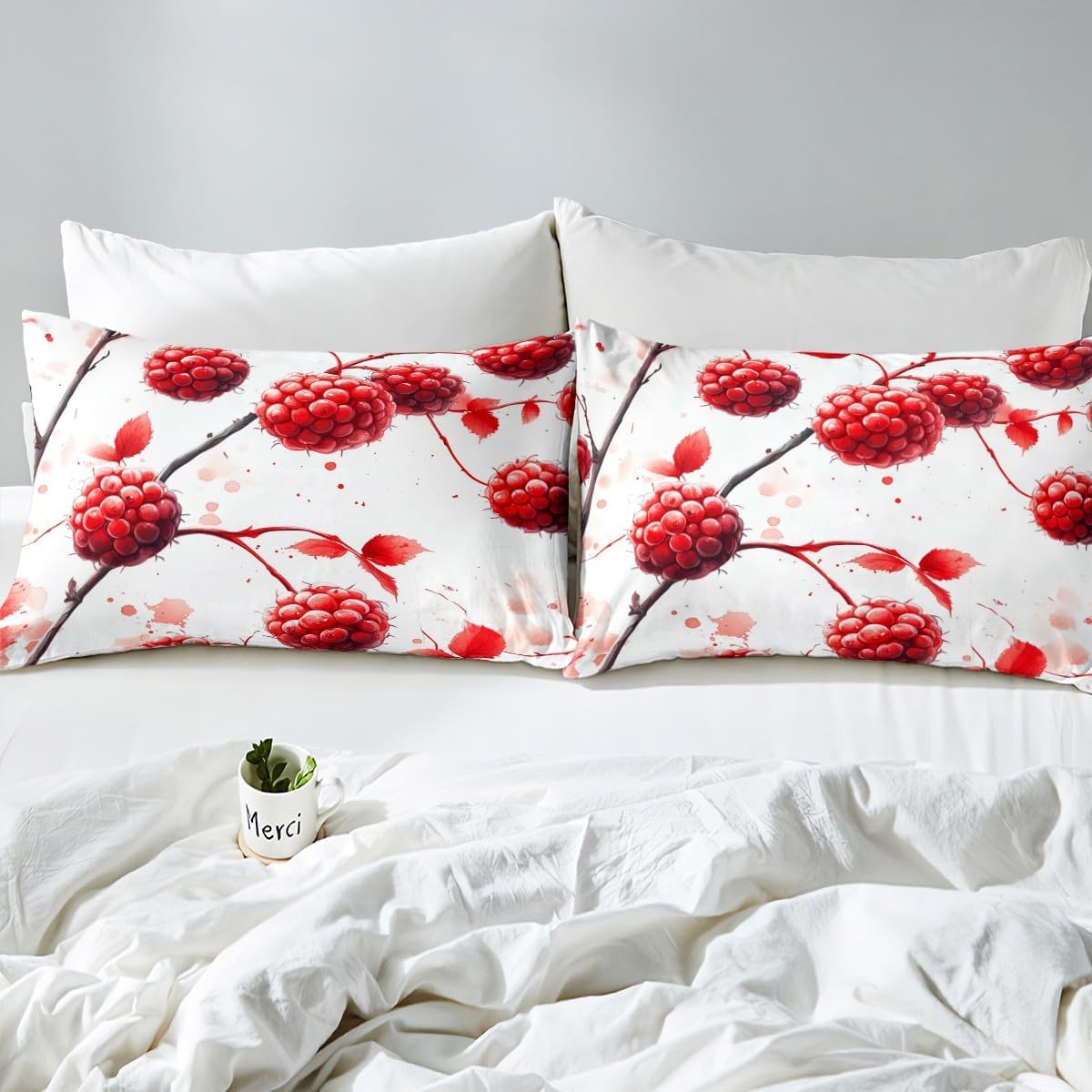 Erosebridal Red Fruit Fitted Sheet Full Size,Geometric Raspberry Sheets for Room Decor,Ombre Succulent Botanical Bed Sheets,Watercolor Pastel Bedding Set 3Pcs(1 Fitted Sheet,2 Pillowcases)