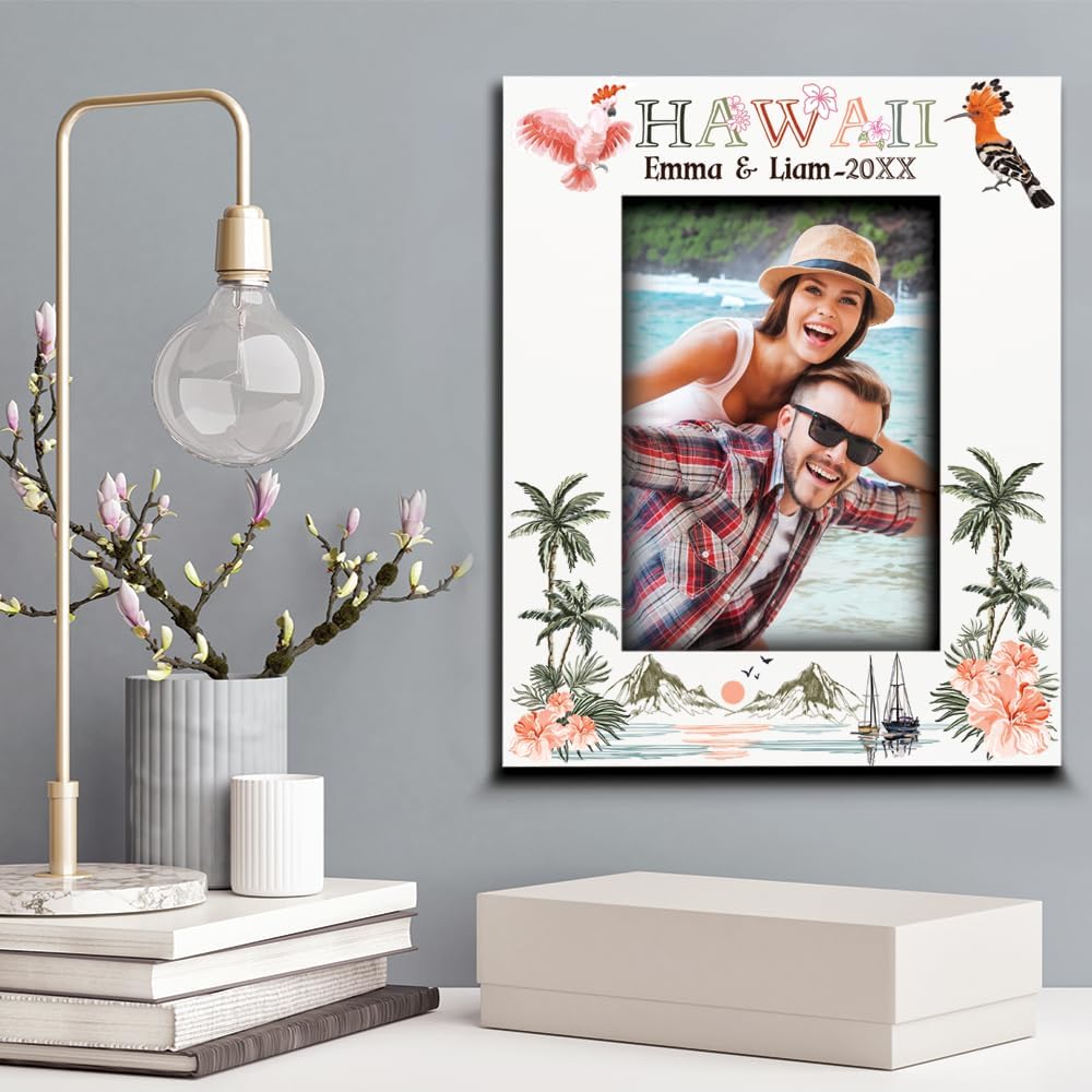 BELLA BUSTA-Personalize Hawaii Themed Picture frame-Wedding, Honeymoon, Vacation, Anniversary, Birthday-Hawaiian symbols Design set-UV Print (5x7 Vertical)
