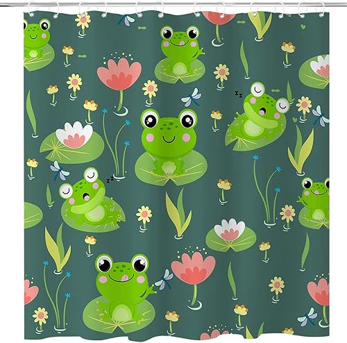 Miniatura 5 de Cortina de ducha con diseño de rana, diseño de hojas de loto, decoración de estanques florales, cortinas de ducha para niños, divertidas ranas de