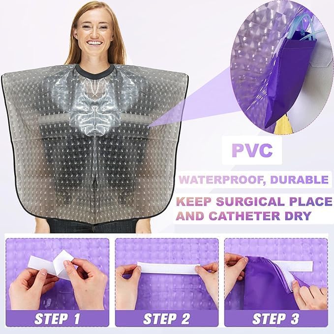 Waterproof Post Surgery Shower Cape Cover – Mastectomy, Chest, Shoulder Surgery Protection with Drain Pockets