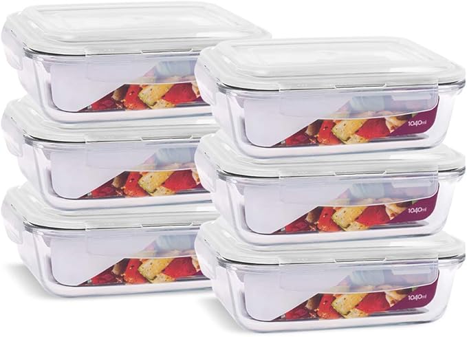 KIT 6 Potes de Vidro Retangular com Tampa Hermética 1040ml Cor:Branco (QH) - imagem ilustrativa
