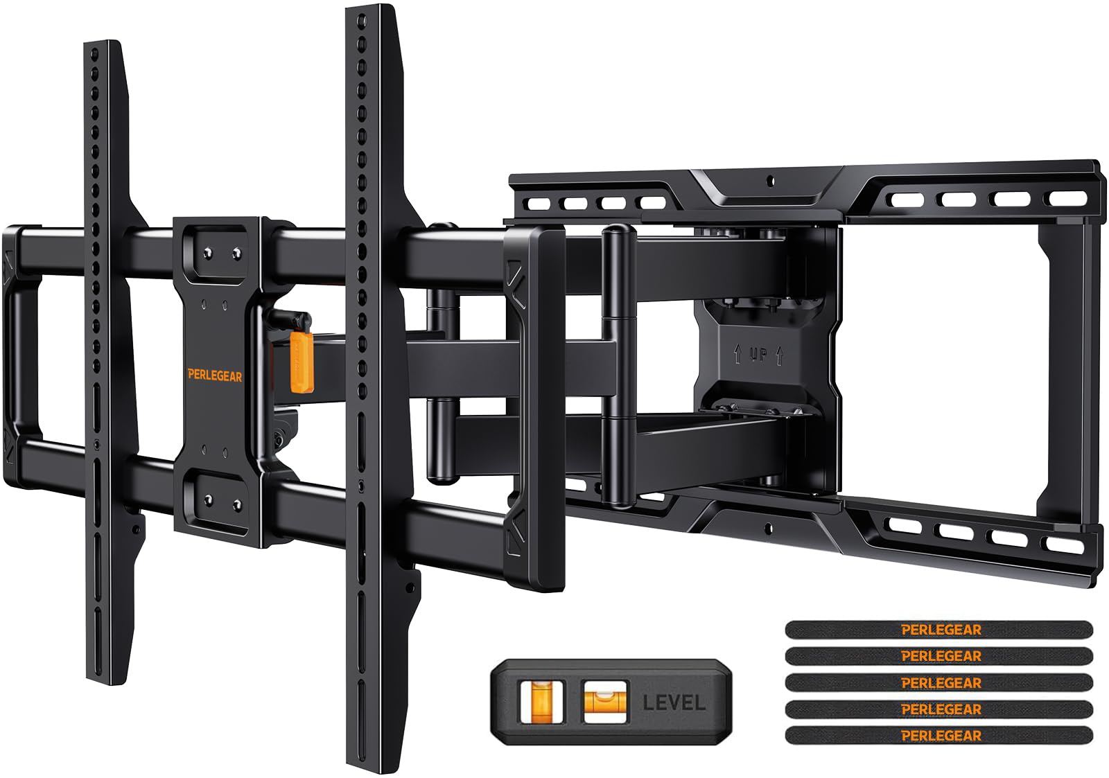 Perlegear vollbewegliche TV Wandhalterung für 42–90 Zoll Fernseher bis zu 68KG, vormontierte TV Halterung mit werkzeugfreier Neigung, Schwenkung, Verlängerung, Max VESA 600 x 400mm, PGLF16