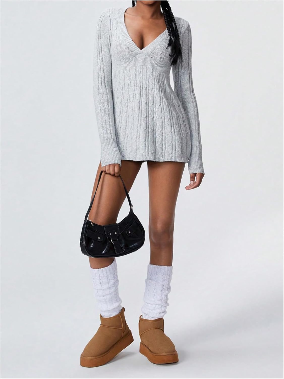 Milumia Women's V Neck Cable Knit Sweater Long Sleeve Babydoll Cozy Pullover Tops Mini Sweater Dress - Image 5