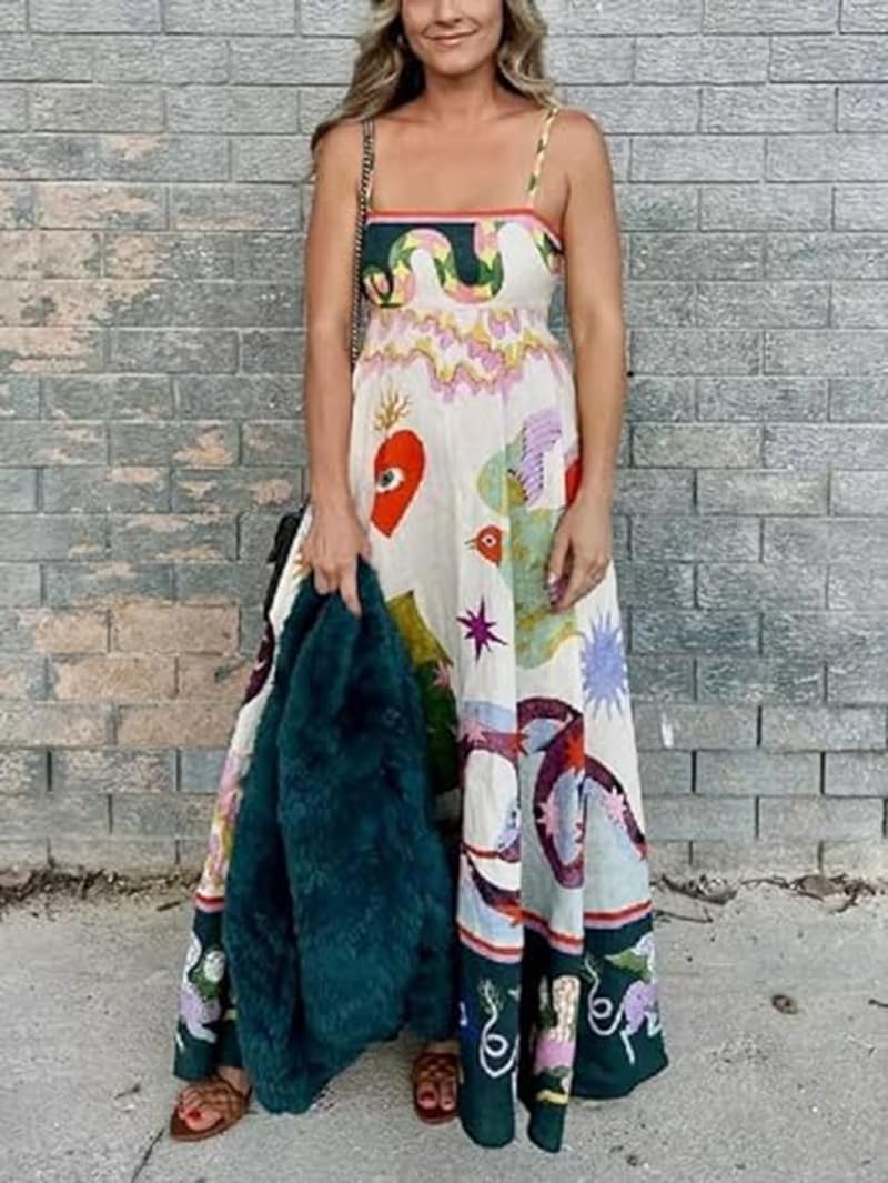 Women Spaghetti Strap Maxi Dress Colorful A Line Swing Long Smocked Picnic Dress Boho Beach Vacation Sundress - Image 4