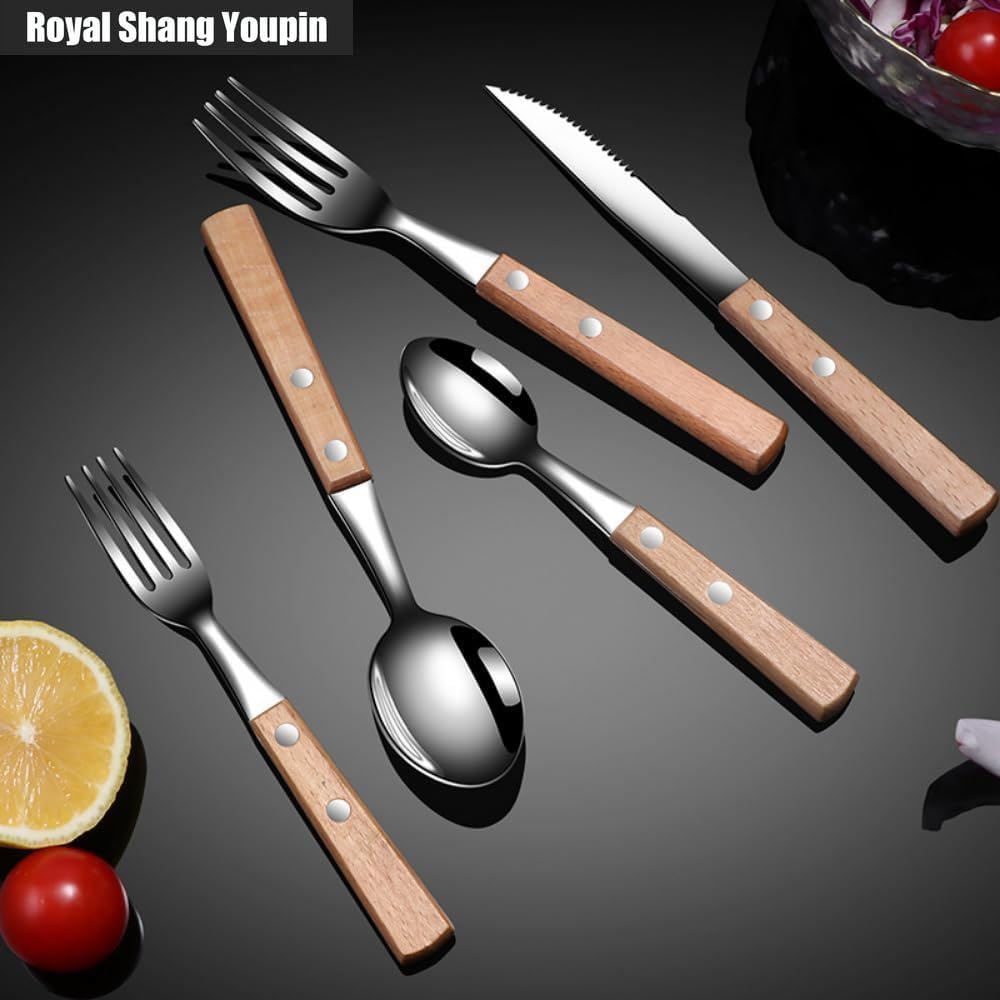 Solid Wood Handle Kitchen Stainless Steel Silverware Tableware Flatware Cutlery Knives Forks Spoons Set Home Steak Knife Dessert Spoon (A,20 pieces)