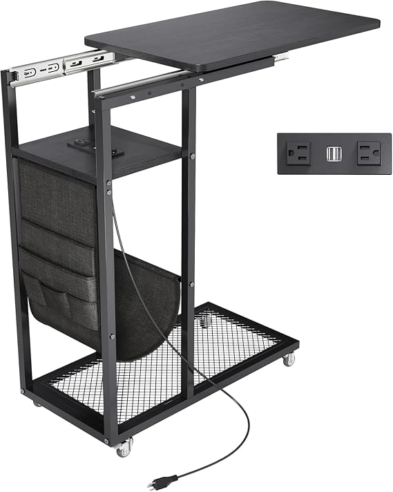 Colima C Shaped End Table with Charging Station (Black, Extra Large)