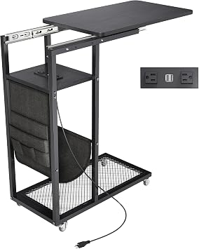 Colima C Shaped End Table with Charging Station (Black, Extra Large)