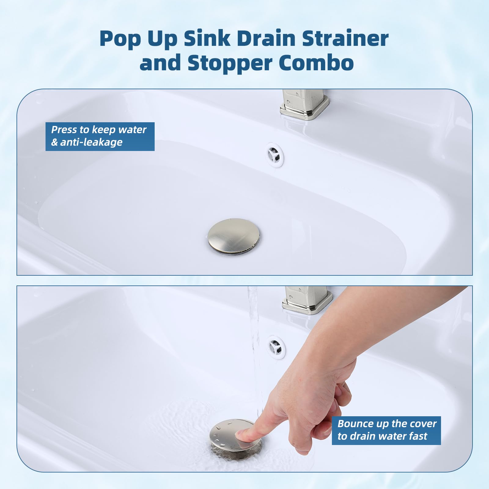 Hibbent 3-in-1 Waschbecken-Abflusssieb, Pop-Up-Waschbeckenstöpsel mit großer Kappe, verstopfungsfreier Metall-Filterkorb, Waschbeckenstöpsel mit Haarfänger für 2,8 cm ~ 5,9 cm Waschbecken, gebürstetes