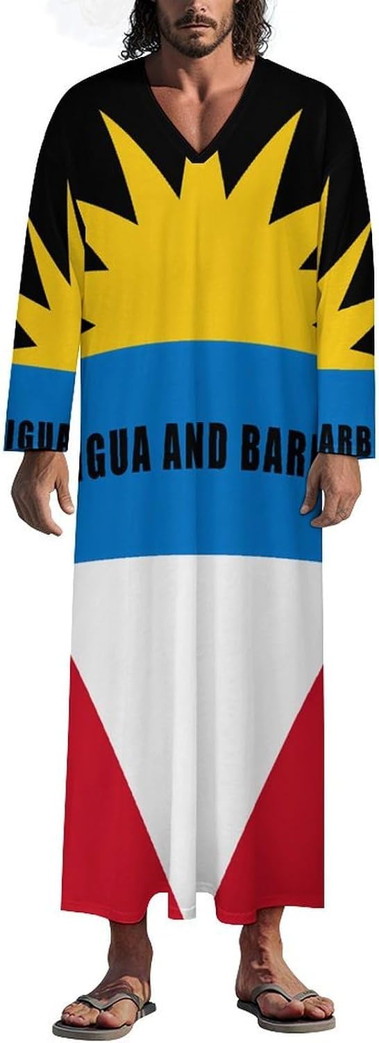Antiguan and Barbuda Flag Men's Kaftan Thobe V-Neck Robe Long Sleeve Gown Thobe for Home Outings