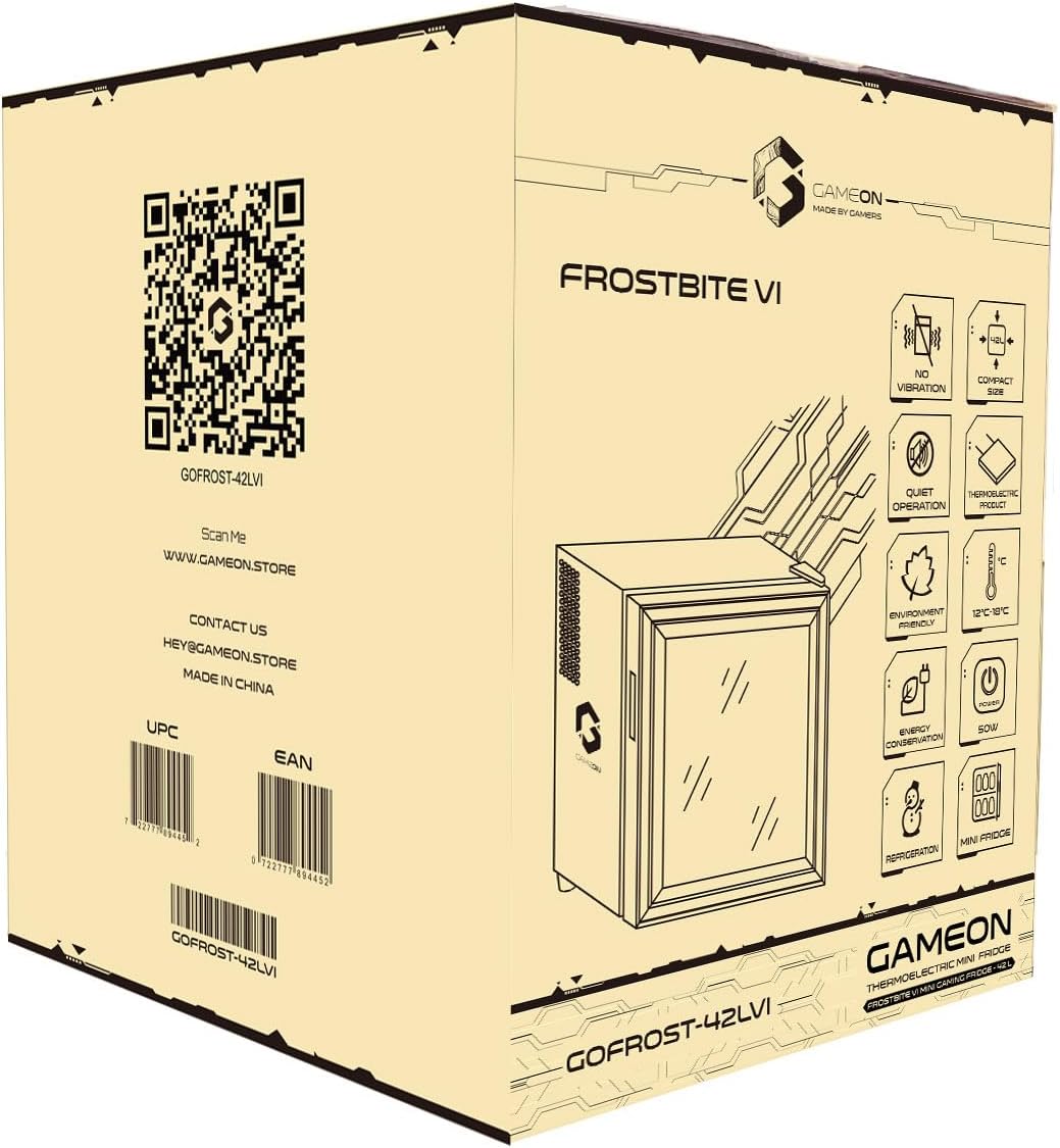 Packaging box for GAMEON Frostbite VI Mini Fridge showing features and model number.