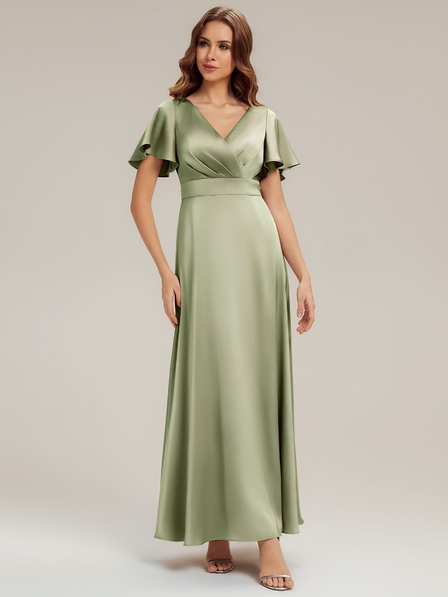Ever-Pretty Abiti da Damigella Collo a V Maniche Corte Satin Maxi Gonna Svasata ES02710