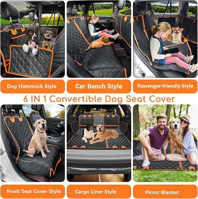 Image of 6-in-1 Dog Car Seat Cover for Back Seat, Waterproof Dog Car Hammock with Mesh Window, Non-Slip Pet Backseat Protector for Cars, Trucks and SUVs(Orange, 6 in 1 Dog CAR SEAT Cover)
