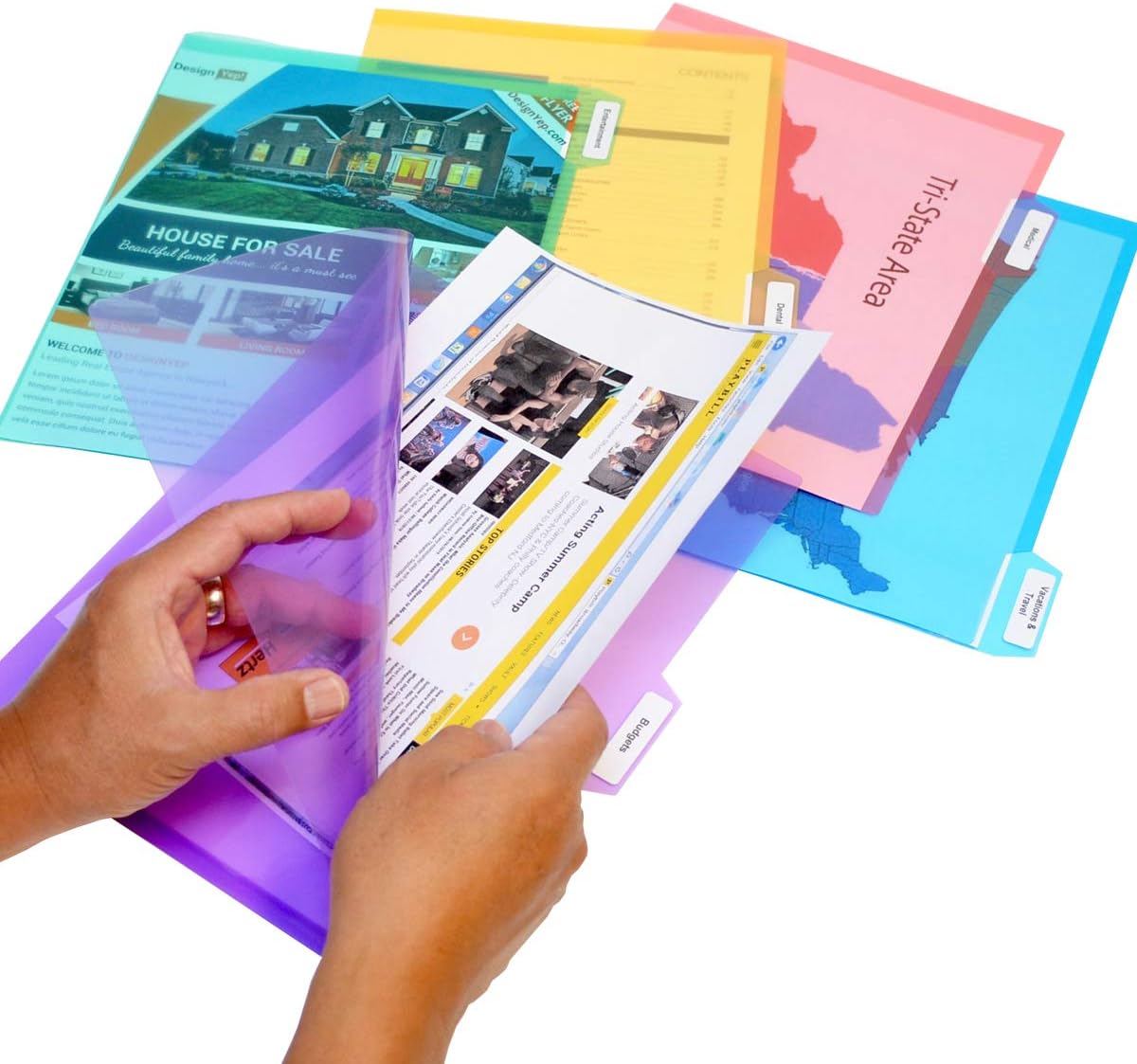 Ultimate Office PocketFile™ Clear Poly Document Folder Project Pockets, 5th-Cut, Letter Size, in 5 Assorted Colors, Set of 25