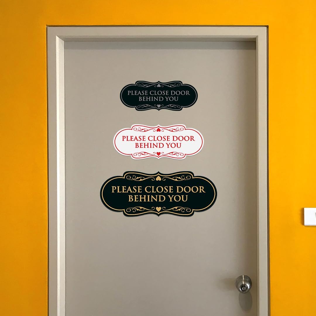 Signs ByLITA Designer Please Close Door Behind You Sign - Easy Installation | Durable Wall or Door Sign (Black/Gold) - Small (5 Pack)