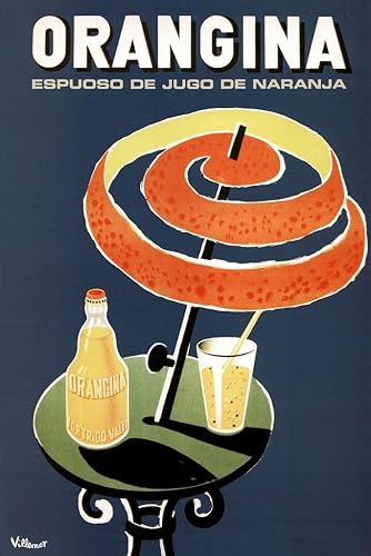 Bernard Villemot Orangina Vintage Orange Drink Publicidad Ad Orange Peel Umbrella Cool Wall Art Poster 24x36