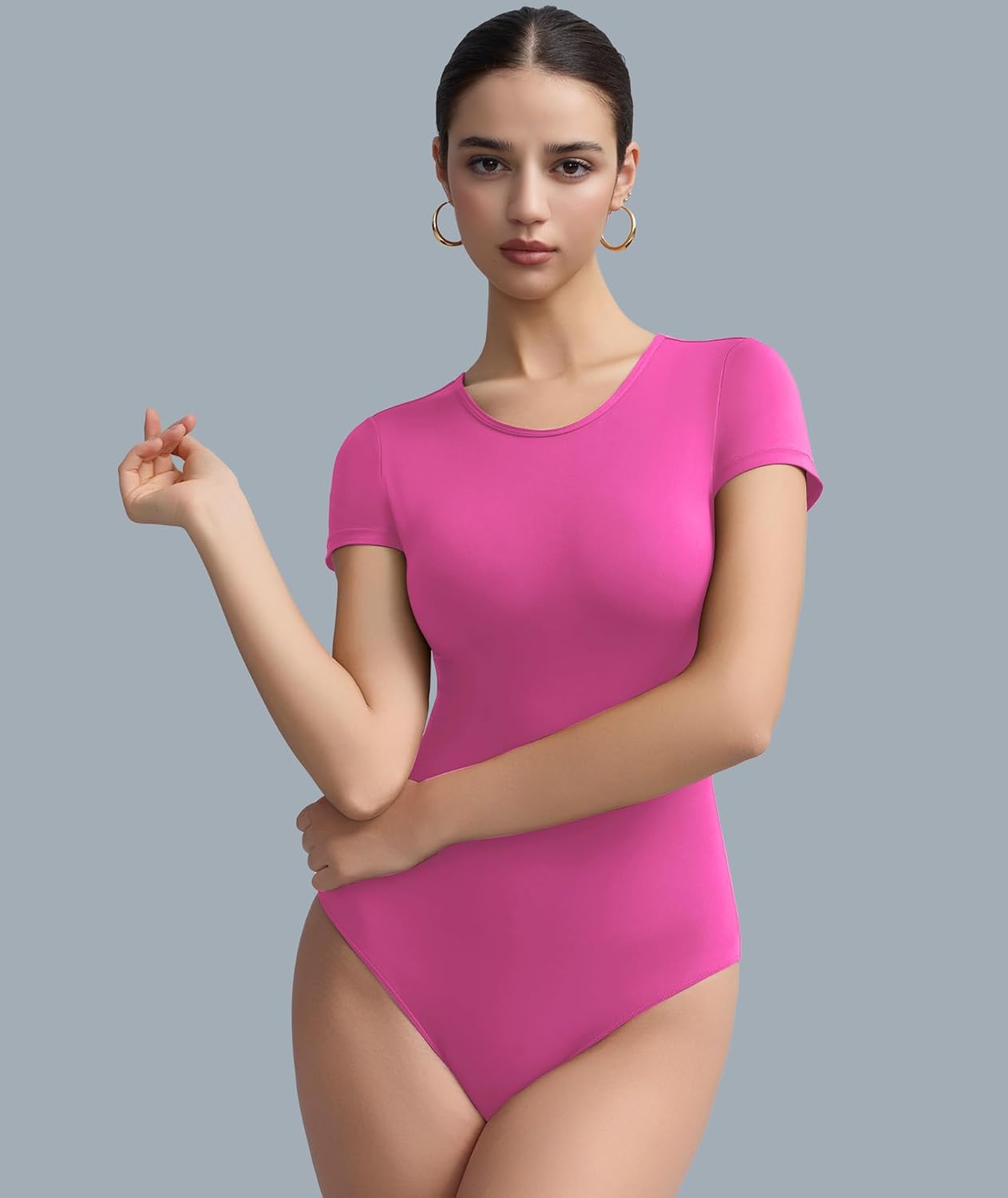 Women's Double-Lined Round Neck Short Sleeve Bodysuit Seamless T-Shirt Body Suits Basic Tops for Women - Image 4