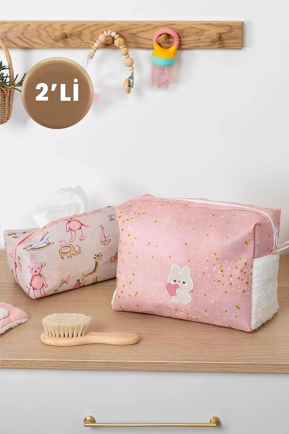 Baby Pembe İkili Çanta Düzenleyici – Islak Mendil Ve Bebek Aksesuarları İçin Pratik Organizer