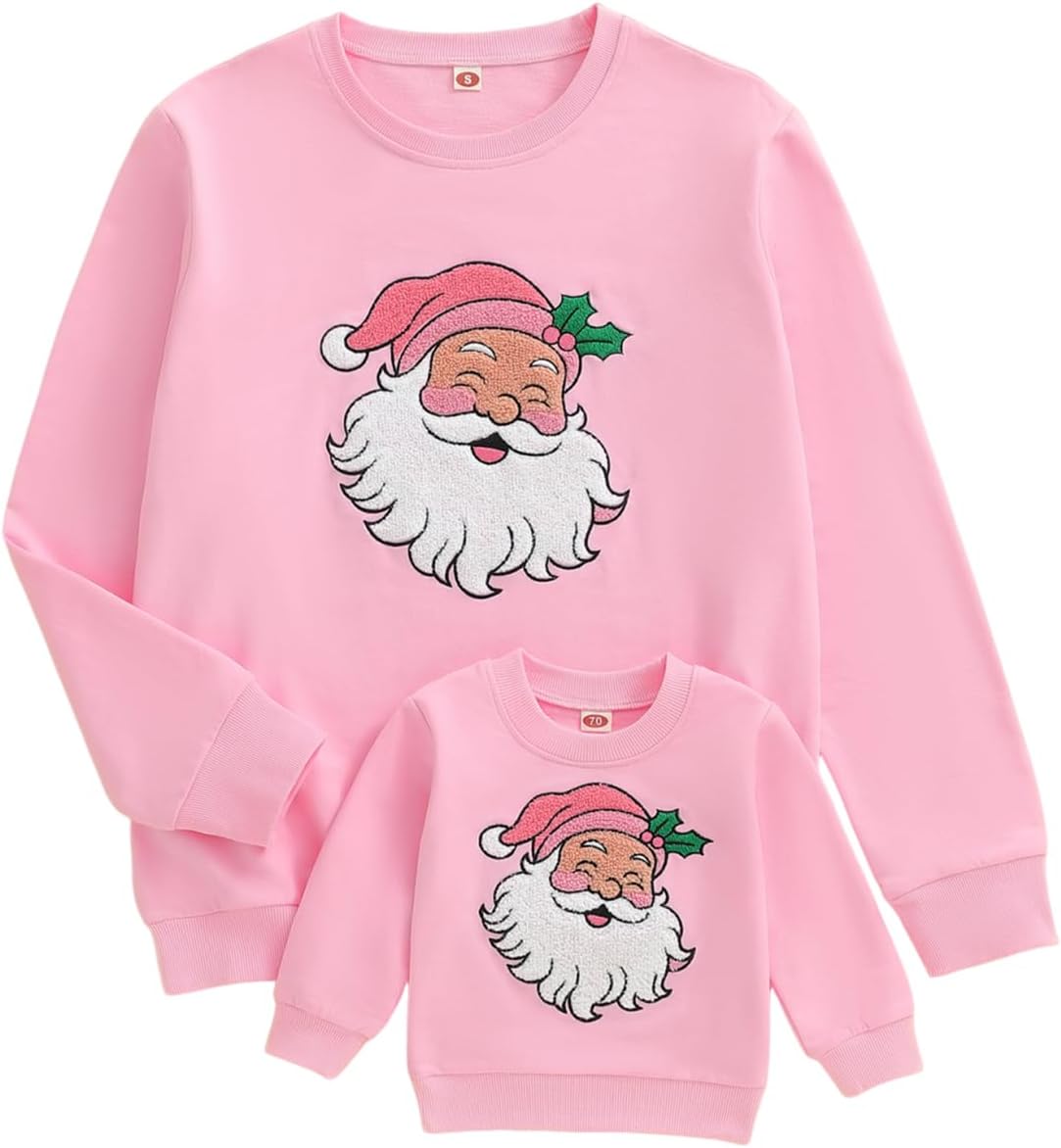 Mommy and Me Christmas Sweatshirts Long Sleeve Crew Neck Santa Claus Embroidery Pullover Family Matching Outfits