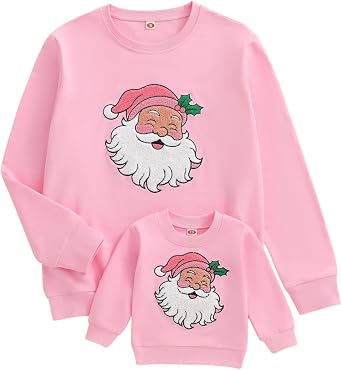 Mommy and Me Christmas Sweatshirts Long Sleeve Crew Neck Santa Claus Embroidery Pullover Family Matching Outfits
