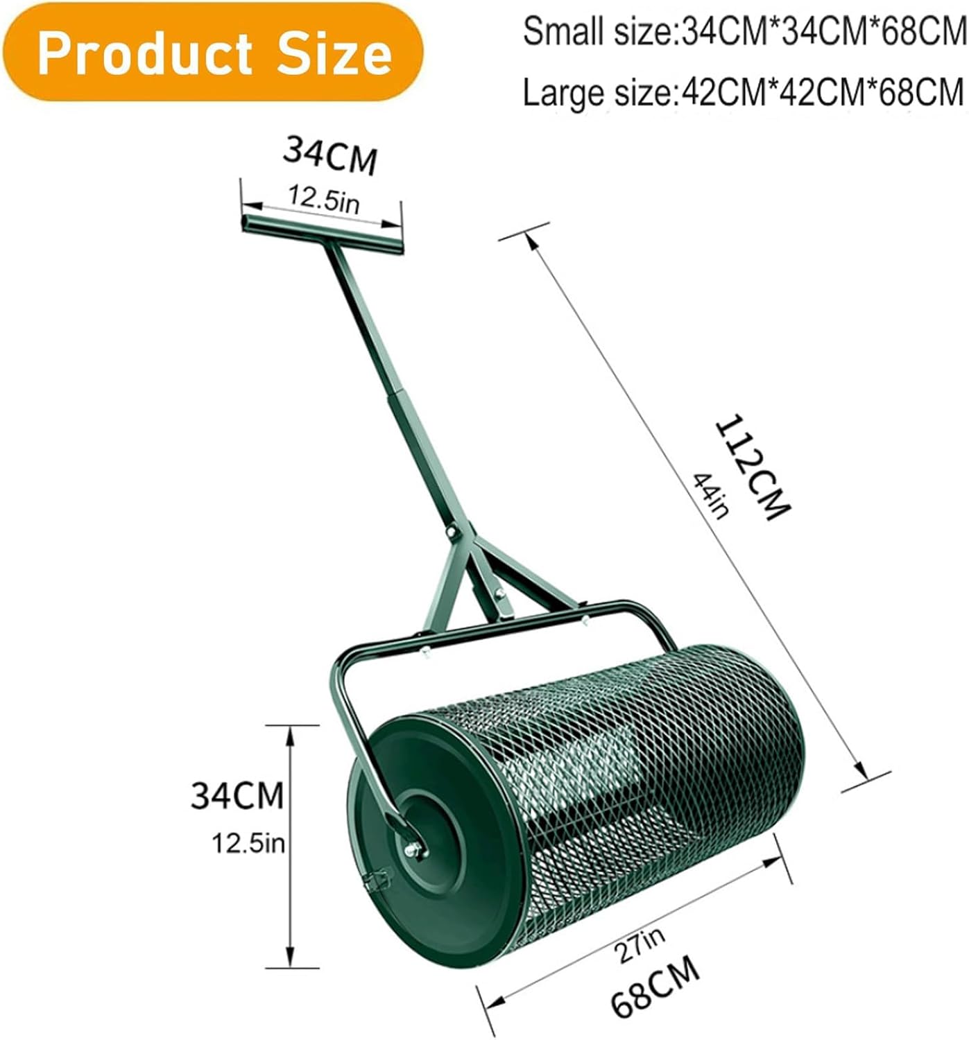 Manure Spreaders for Lawns and Garden,Compost Spreader,Peat Moss Spreader,Peat Moss Roller Spreaders,Metal Mesh Basket Seed Spreader,for Lawns Fertilizer,42 * 42 * 68cm-Green