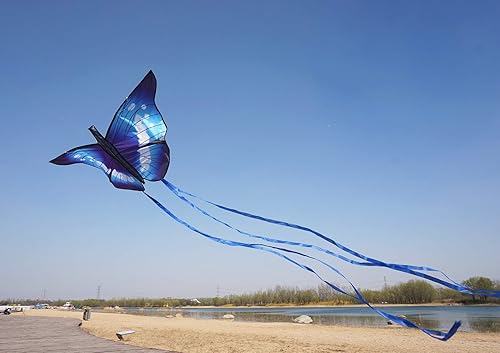 Miniatura 3 de Cometa de mariposa de 55 pulgadas con líneas voladoras fácil de volar para niños y adultos (azul)