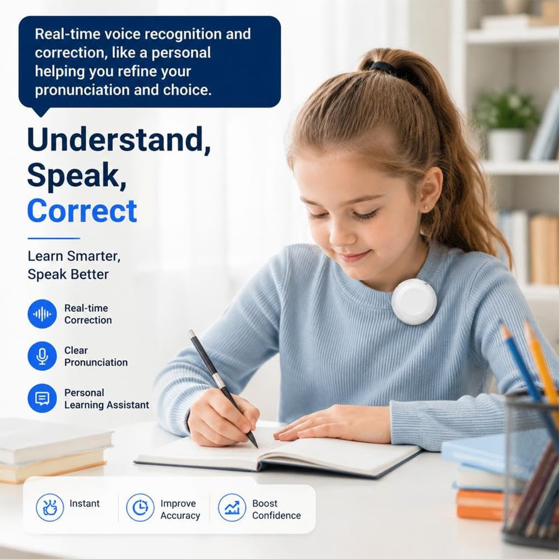 Compañero de IA para practicar idiomas en tiempo real, dispositivo traductor portátil de español, traductor de idiomas con IA 165 idiomas para practicar pronunciación, gramática y conversación (1pc)