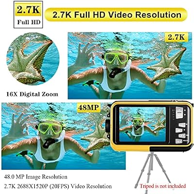 Waterproof Digital Camera Underwater Camera Full HD 2.7K 48 MP Video Recorder Selfie Dual Screens 16X Digital Zoom Flashlight Waterproof Camera for Snorkeling (Yellow)