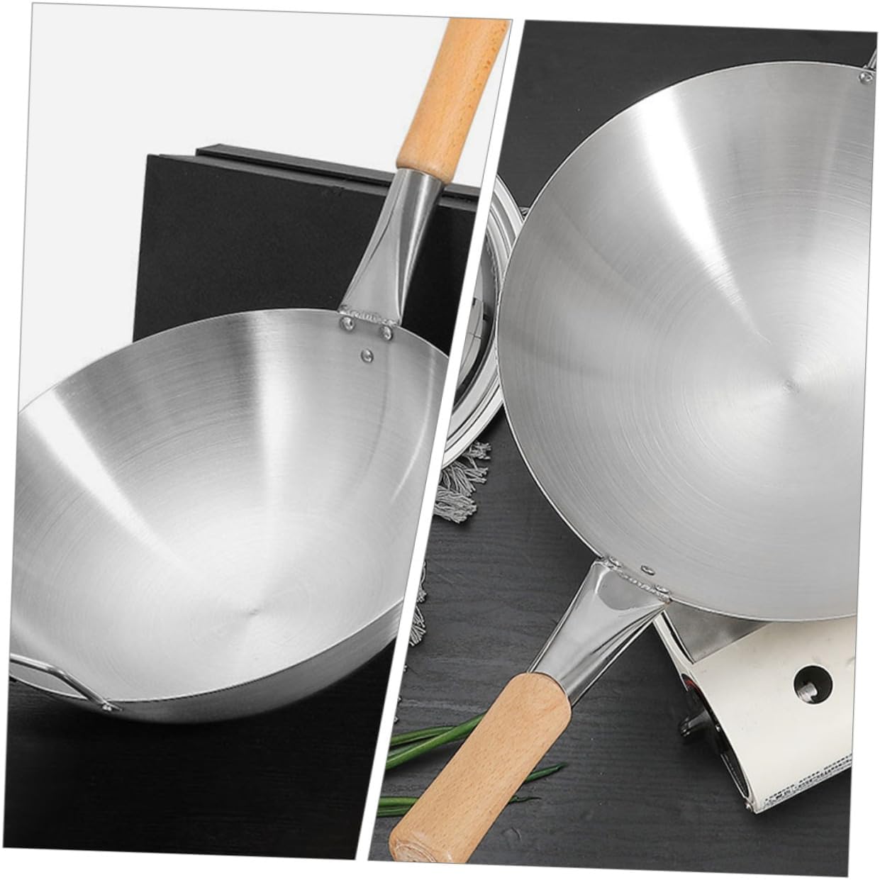Kisangel Stainless Steel Wok Pan Wooden Handle Heavy Duty Cooking Wok for Stir Frying Suitable for Home and Restaurant Use Round Bottom Design Portable Kitchen Utensil