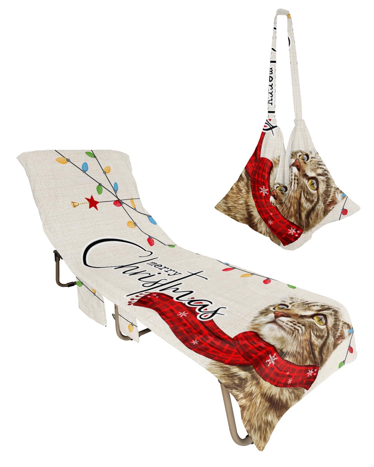 Red Cat Christmas Beach Lounge Chair Towel Cover, Soft Chaise Lounge Towel with Side Pockets Patio Pool Chairs Cover for Beach/Pool Sunbathing 29x85 Xmas Merry Christmas Rustic