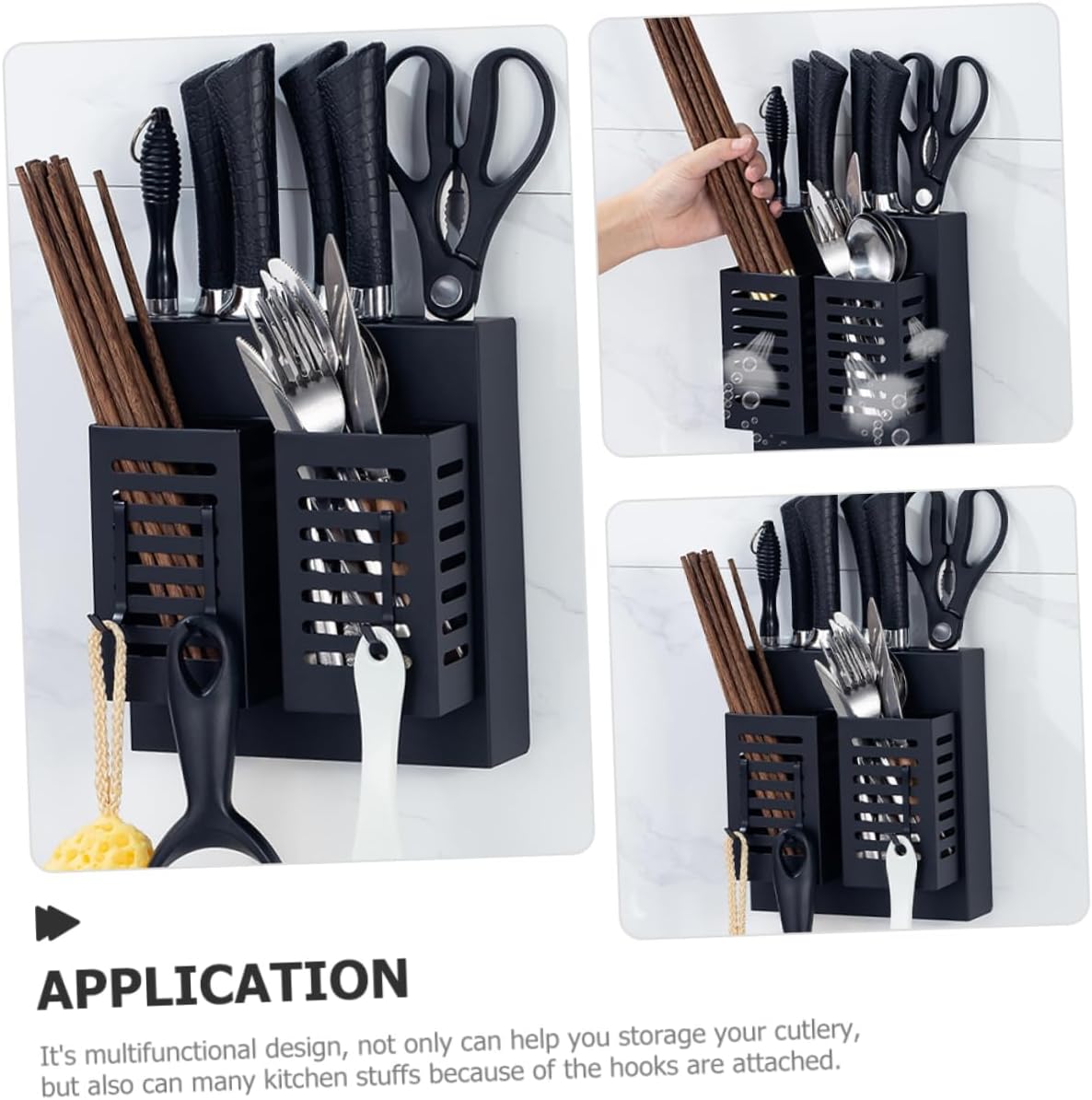 LABRIMP Stainless Steel Cutlery Holder Wall Mounted Kitchen Shelf with Hooks Space Saving Storage Rack for Utensils and Kitchen Tools and Black