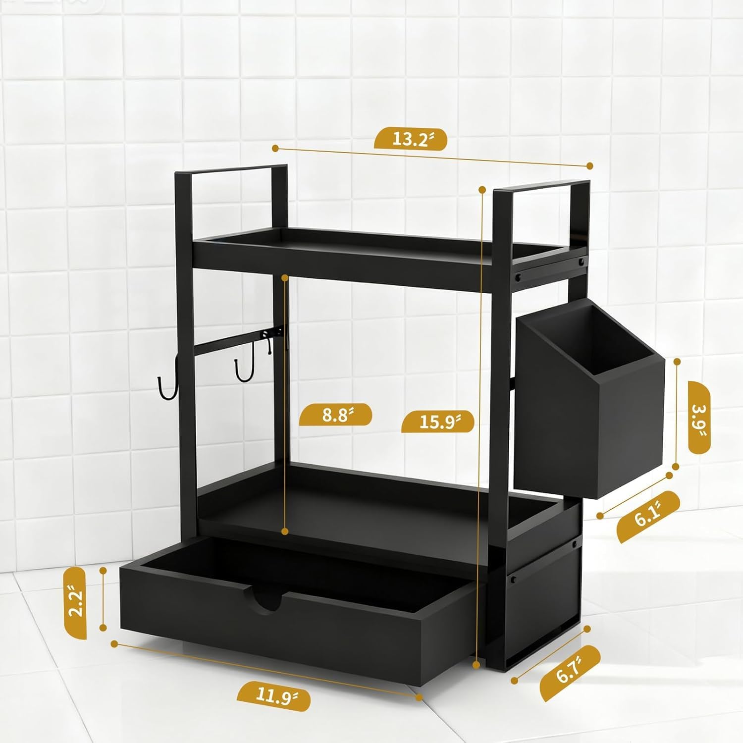 2-Tired Bathroom Counter Organizers and Storage, Coffee Bar Organizer with Drawer, Solid Wood Skincare Perfume Organizer for Vanity Kitchen Corner Shelf Office Countertop (Black)