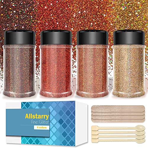 Allstarry Paillettes holographiques ultra fines 4 couleurs métallisées automnales, dorées, oranges, cuivrées, 80 ml par pot pour résine, gobelets, slime, nail art, décoration à faire soi-même Cover