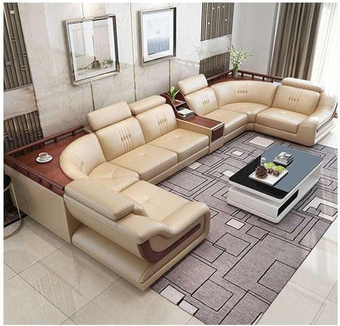 Aryana Leather Sofa Set, Beige Colour, 7 Seater, U-Shape, 40 Density Foam, Wooden Frame with Center Table-image-3