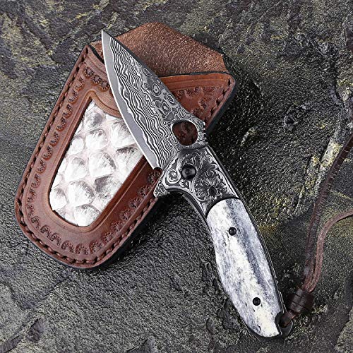 Newootz Handmade Damascus Steel Pocket Knife With Leather Sheath,Liner Lock Bone Handle,Japanese Vg10 Core 2.8In Blade,Folding Knives For Camping And Fishing,Edc For Men And Women #TOP4