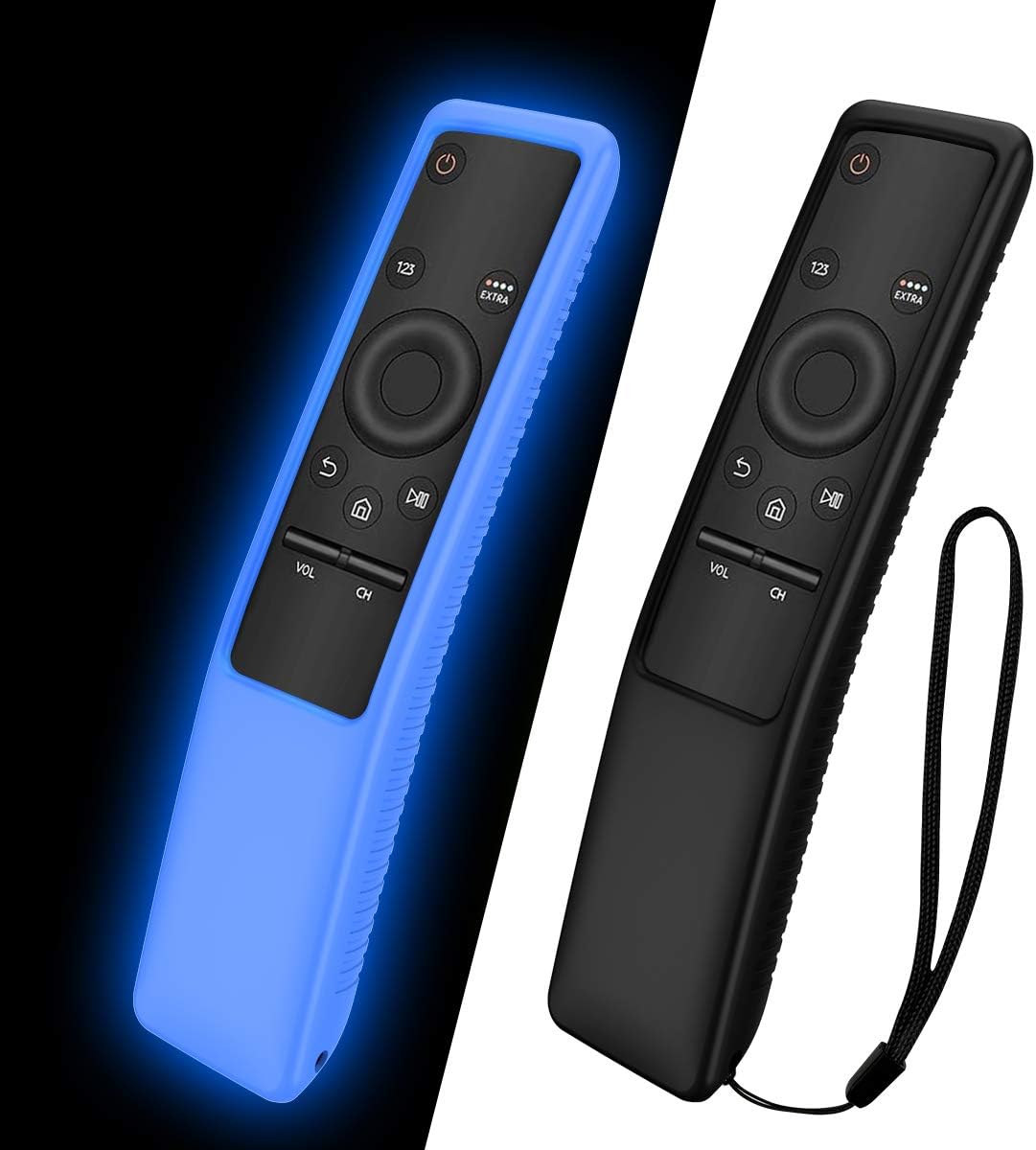 TOLUOHU 2PCS Silicone Protective Case for Samsung Smart TV Remote Controller BN59 Series, Light Weight Kids-Friendly Silicone Cover Anti-Slip Shockproof Anti-Lost with Hand Strap(Black+Blue)