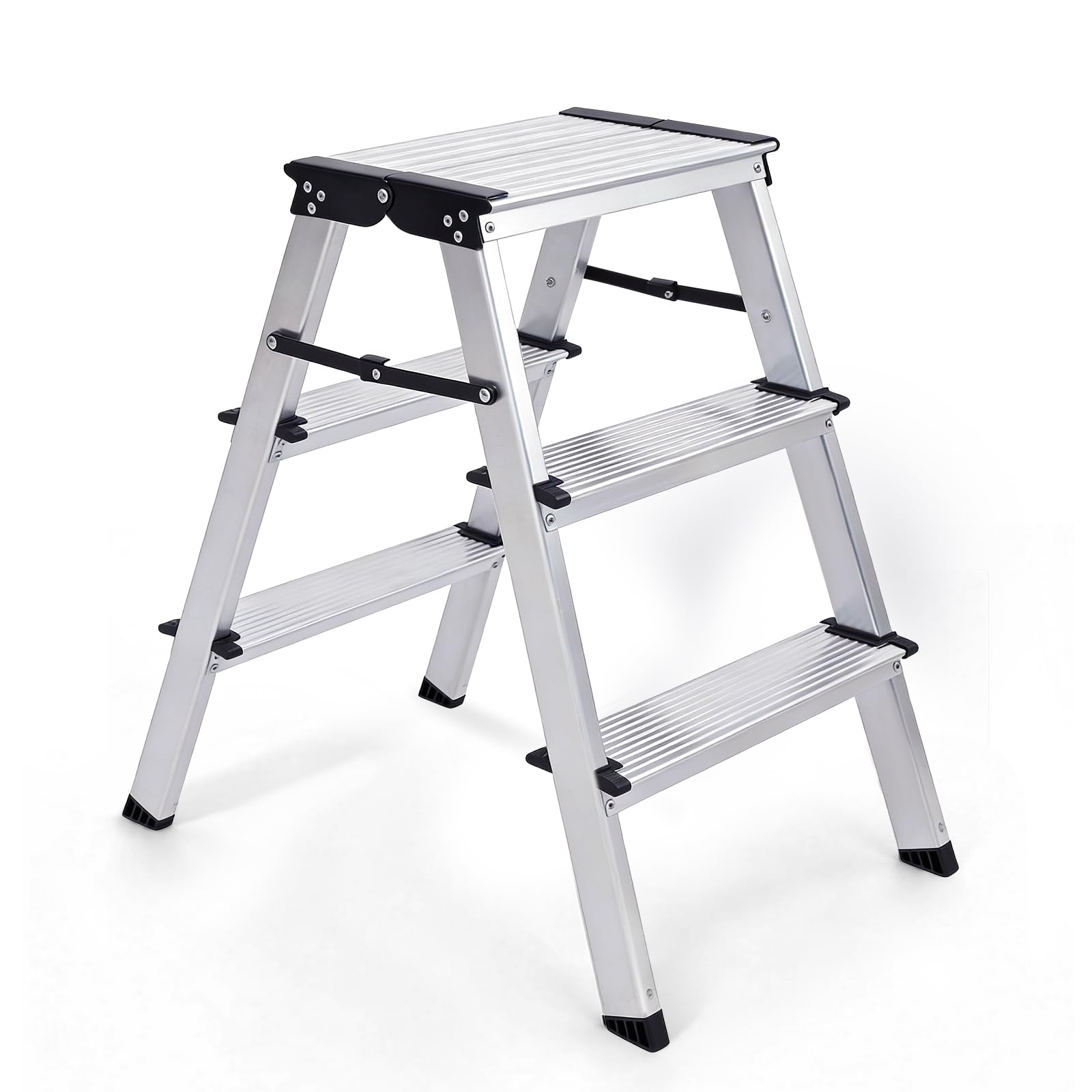 Sekey Escalera 3 Peldaños Plegable Ligera de Aluminio, Acceso Bilateral, Superficies Antideslizantes, Uso Doméstico, Homologada TÜV y SGS EN131 y 14183, Carga Máxima 150 kg