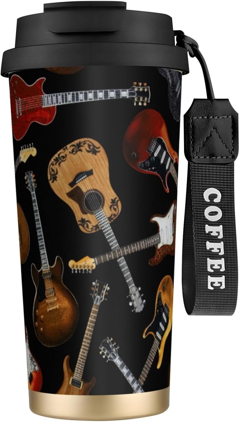 Guitars Print Leakproof Insulated Coffee Mug,Stainless Steel Dual Drink Travel Tumbler,17 OZ